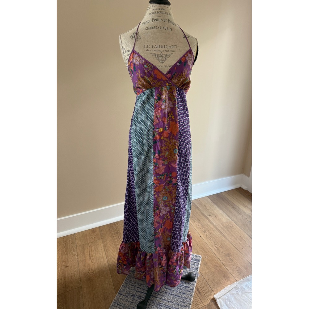 Jenny Han Purple Multicolor Patchwork Halter Maxi Dress 100% Silk Size M